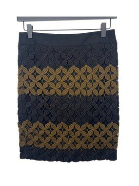 LOFT Pencil Skirt Womens 2 Petite Black Gold Lace Overlay Lined